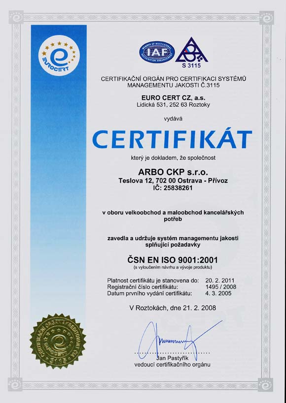 certifik�t �SN EN ISO 9001:2001