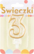Dortová svíčka číslice 3 zlacená s glitry 7,5cm